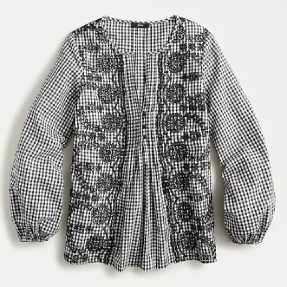 J.Crew black and white checked button-front embroidered peasant top. Size XS